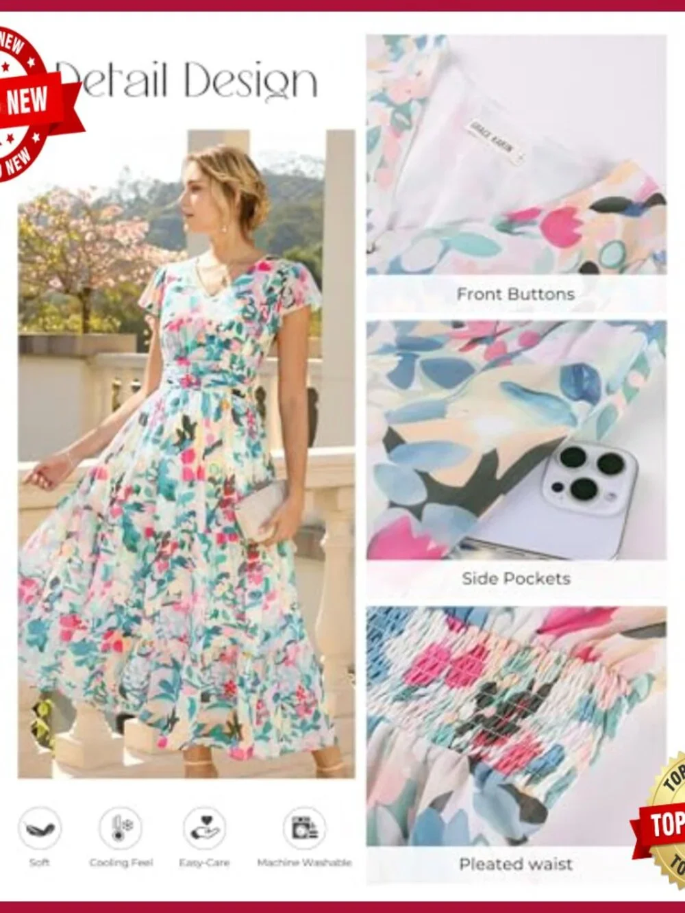 Maxi Dress with Pockets, V-Neck, Zipper Closure, Summer Formal Wear - Picture 3 of 7